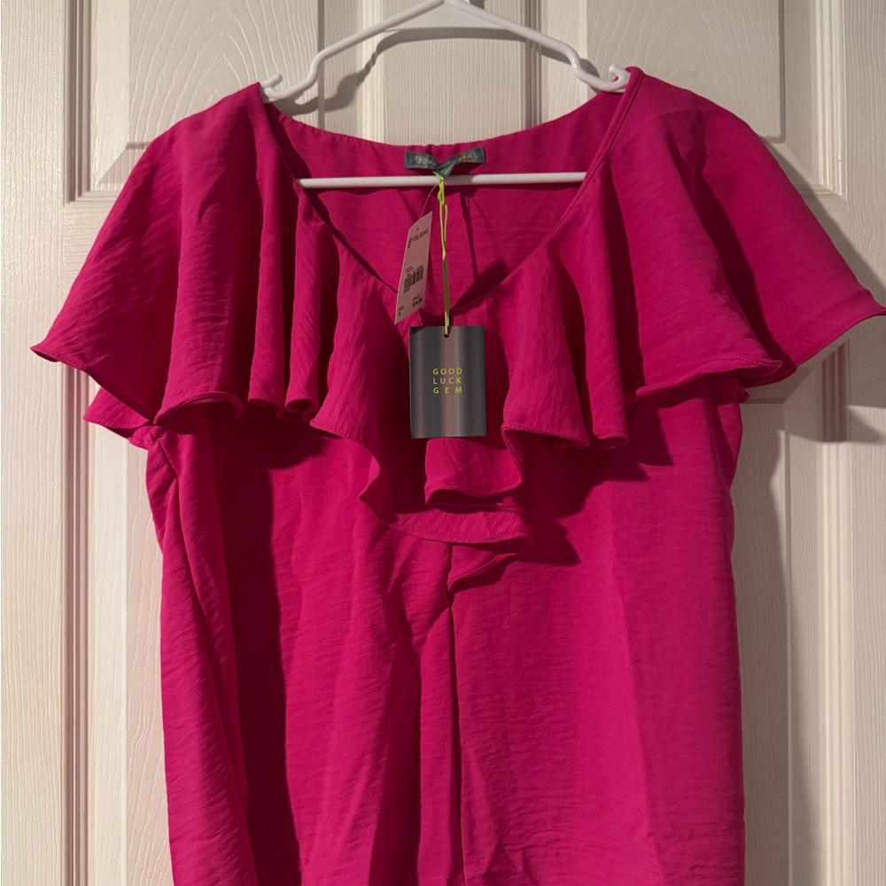 Good Luck Gem Women's Hot Pink Ruffle Neck Blouse